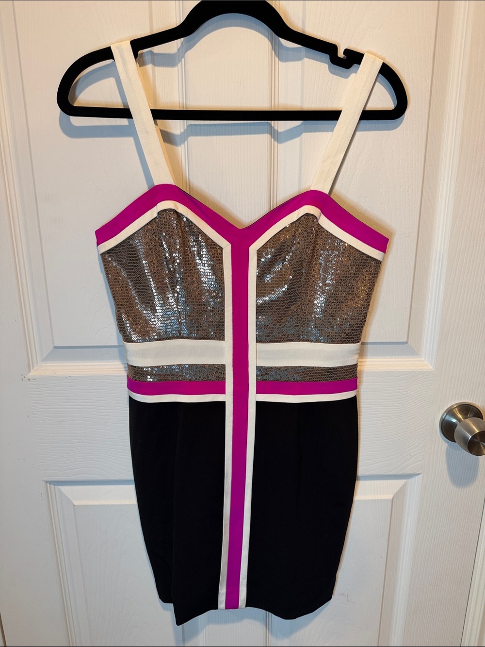 JAYGODFREY Sequin Bustier Colorblock Mini Dress in Black and Fuchsia